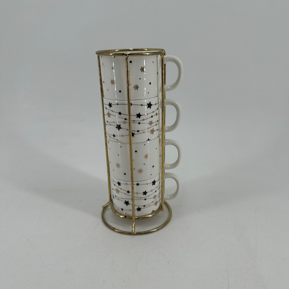 Frankie Grey Stacking Espresso Cup Set 4 Ceramic Mugs Gold Star Rack White Gold